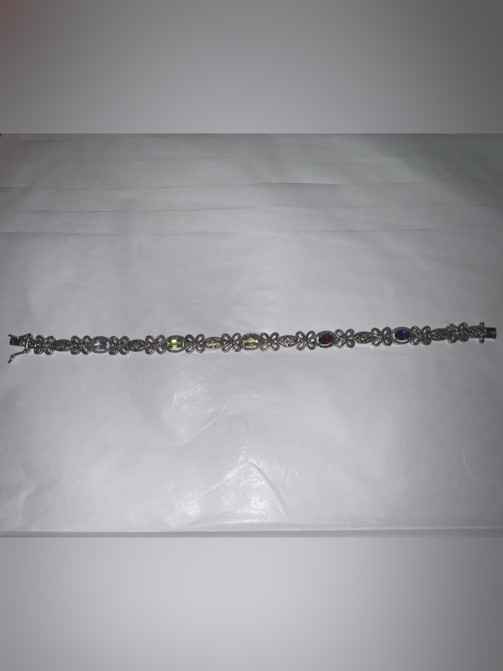 Sterling Silver Multistone Floral Link Bracelet - Multicolor